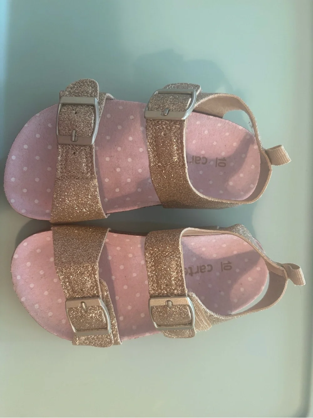 Carter's Glitter Gold Buckle Sandals with Pink Polka Dot Insole